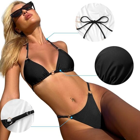 Triangle Bathing Suit For Women 2 Piece Bikini Spaghetti Strap Swimsuits Black - Picture 5 of 6